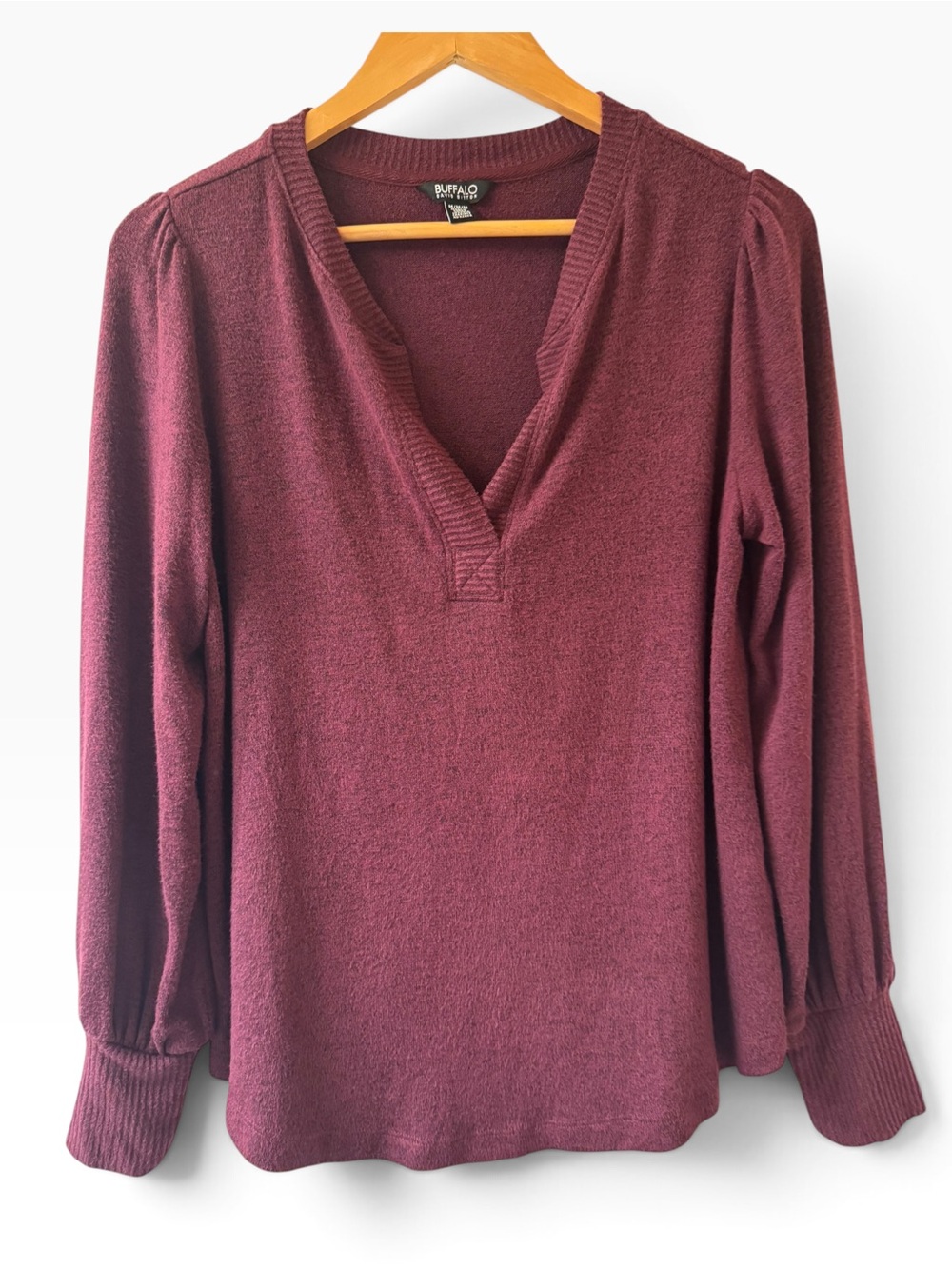 Buffalo David Bitton Burgundy V-Neck Sweater M Puff Sleeve